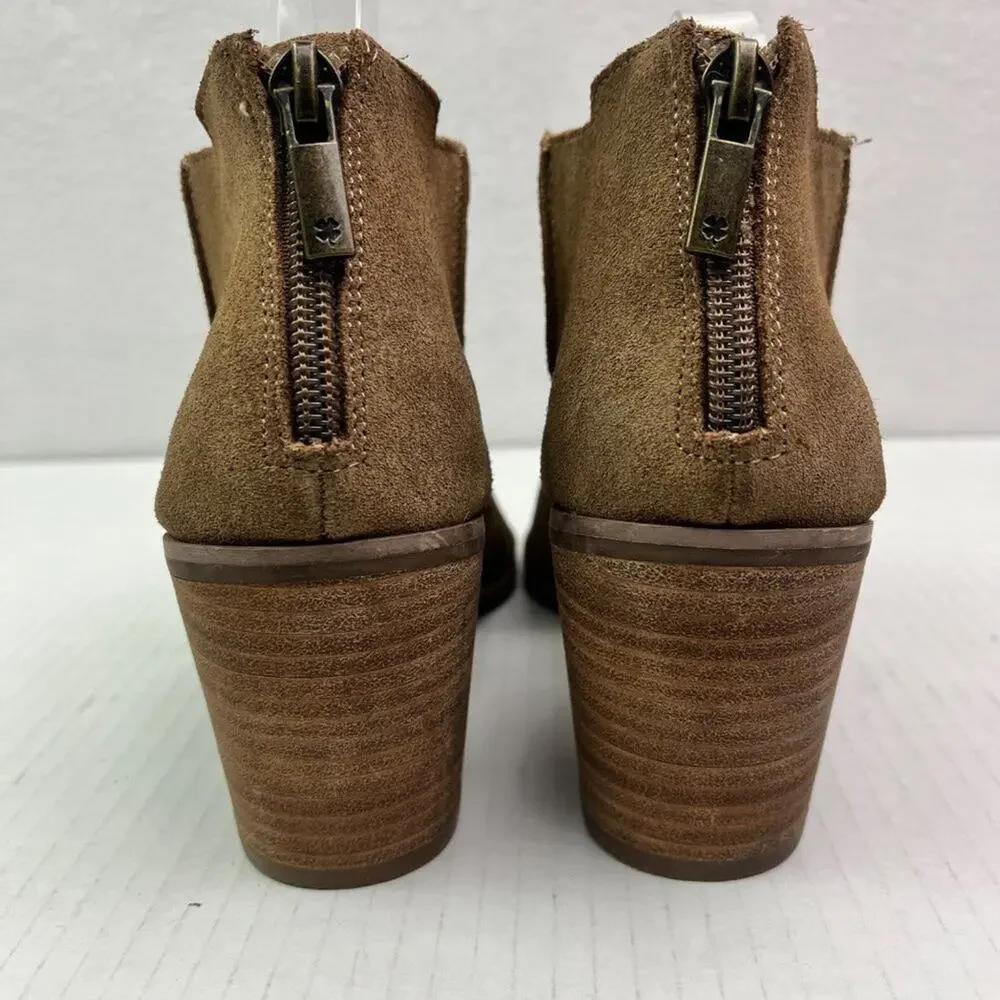 Lucky Brand Ankle Booties Womens 6.5 M Brown Keight Stacked Heel Open Toe Suede